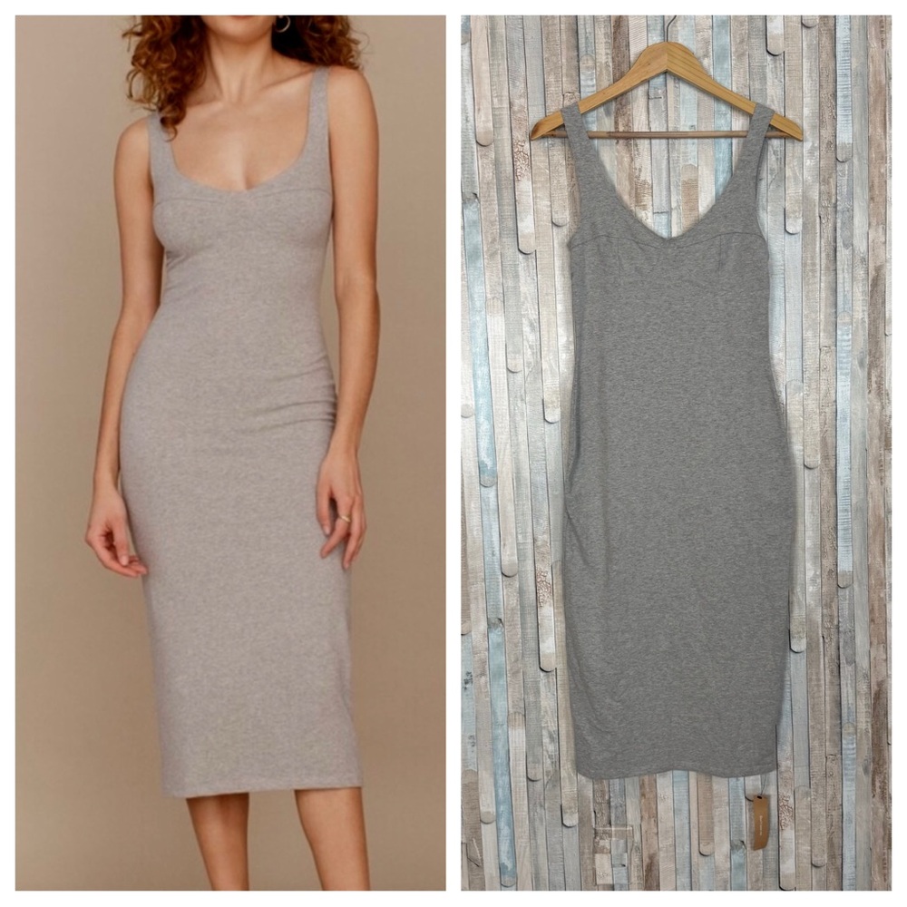 New Reformation S Organic Cotton Jersey Fitted Braun‎ Midi Bodycon Dress Grey